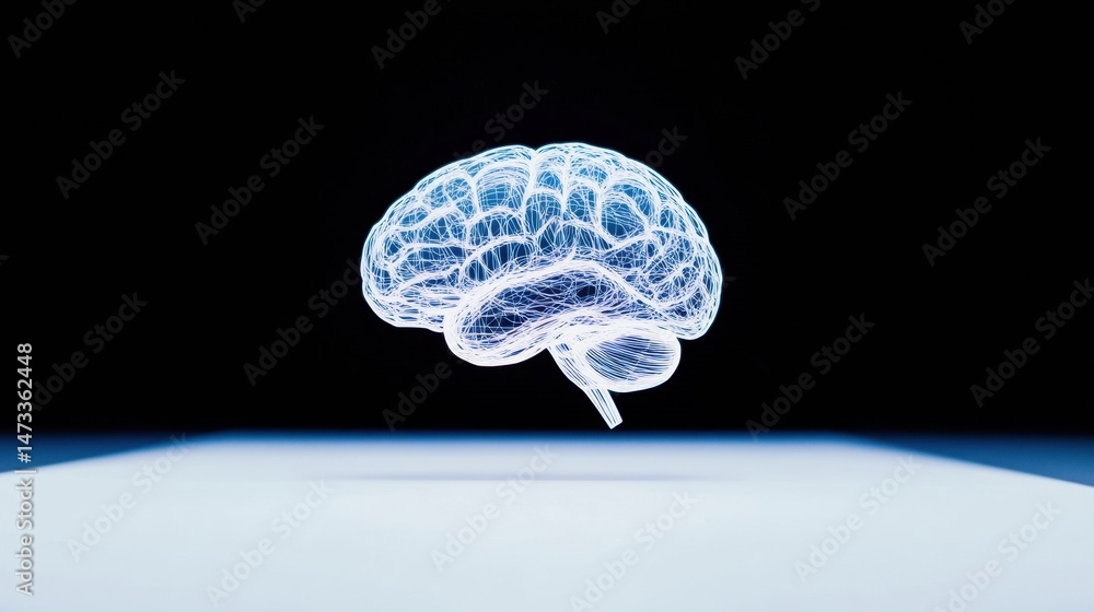 Poster a glowing digital brain floats above a platform, symbolizing technology and intelligence in a futuri