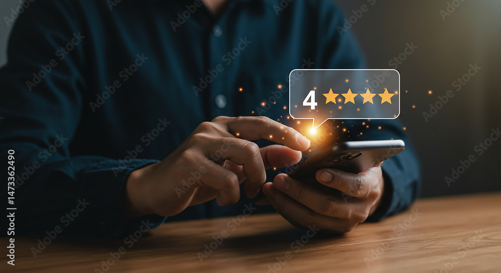 Poster a person using a smartphone to give a four star rating with a digital interface overlaying stars rea