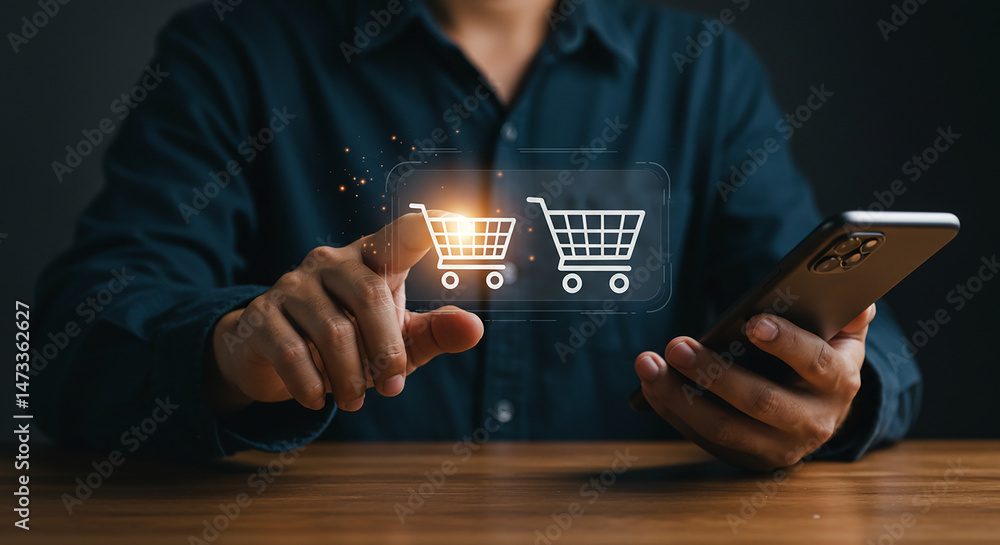 Poster man using smartphone for online shopping with digital shopping cart icons overlayed on the screen re