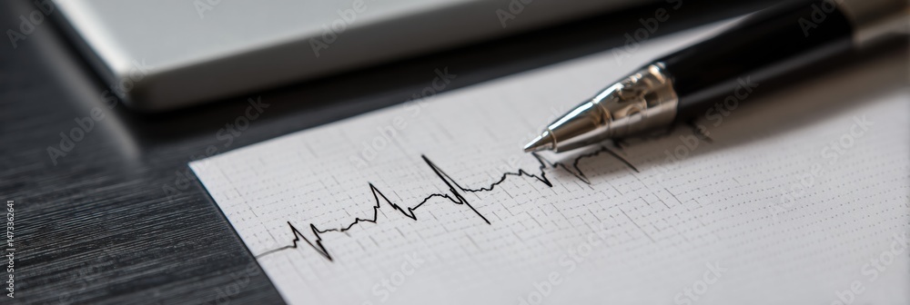 Aufkleber ECG Printout Displayed on a Blank White Desk Next to a Pen, Showing Heart Activity in a Medical Setting During the Day