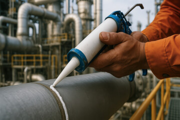 Sealing pipe joint with adhesive in industrial power plant maintenance work ensuring safety and durability in complex metal pipeline system