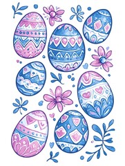 A whimsical arrangement of eight colorful Easter eggs adorned with intricate patterns in pink and blue, set against a backdrop of delicate floral sprigs and scattered dots