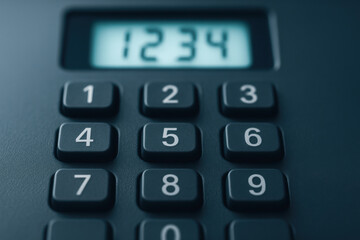Close up of numeric keypad with digital display showing numbers in industrial setting related to power and plant operations