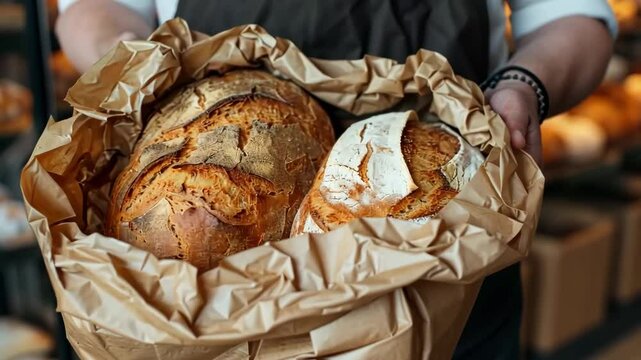 A detailed close-up video capturing a seller at work, packing fresh bread into a versatile paper bag at a bakery. The video showcases the craftsmanship and dedication involved in bakery operations.
