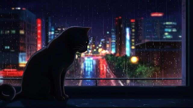 Black Cat Watching Rainy City Night from Window