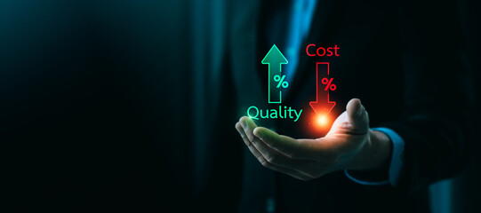 Cost reduction and quality improvement concept with businessman hand holding glowing infographic of down red arrow for cost and up green arrow for quality percentage in business strategy planning © Sutthiphong