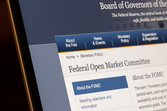 Portland, OR, USA - May 9, 2025: Webpage about the Federal Open Market Committee (FOMC) is seen on the website of the Federal Reserve Board on the screen of a computer.