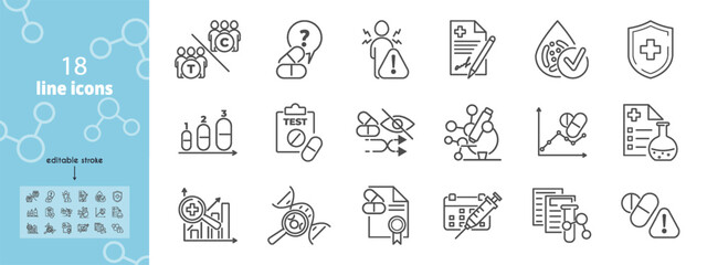 Vector icons set related to medical trial. Represents study, research, test and clinic processes. Control group, placebo, informed consent illustration. Designed for educational or clinical use.