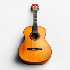 Obraz premium A classic wooden acoustic guitar with six strings, a natural wood finish, and a warm tone, shown against a clean white background