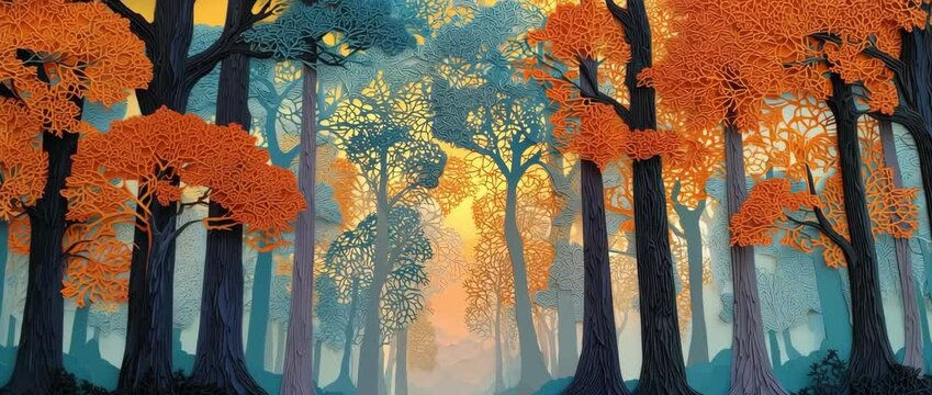 Flying through stylized autumn forest scene with exaggerated silhouettes and layered light gradients in an illustrative style.
