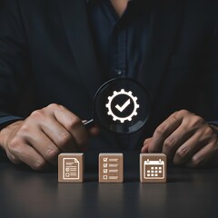 Businessman Inspecting Quality Control Process with Magnifying Glass