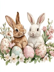 Two adorable bunnies, one brown and one white, sit among colorful eggs and delicate flowers
