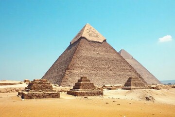 Majestic Egyptian pyramid standing tall against a clear blue sky, bathed in sunlight , sahara desert, colossal, sun