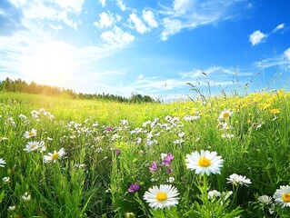 Sunlit meadow filled with wildflowers under a bright blue sky wideangle shot capturing the vibrant greens and delicate flowers with soft morning light