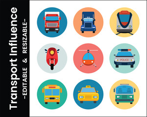 Collection Of Transportation Vehicles Including Car,Bus,Taxi,Truck,Train,Helicopter,And Scooter