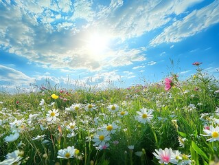 Sunlit meadow filled with wildflowers under a bright blue sky wideangle shot capturing the vibrant greens and delicate flowers with soft morning light