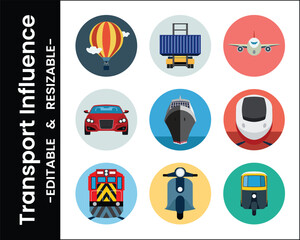 Flat Design Transportation Icons Representing Different Modes Air Land And Sea Travel Options