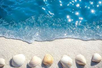 Turquoise Water and White Sand Beach with Seashells Top View Sparkling Sunlight Summer Vacation Coastal Scene