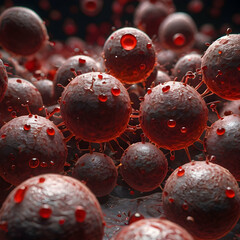 microscopic cancer cells, virus structure closeup, red blood cell art, immune system under attack, cancer biology 3d, viral infection concept, tumor growth visualization, bacteria and cells macro.