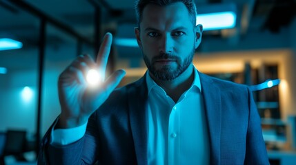 Confident Businessman Innovative Technology Blue Light Digital Future Modern Professional Man Serious Expression Futuristic Interface Advanced        