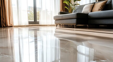 Polished marble floor reflecting a living room scene