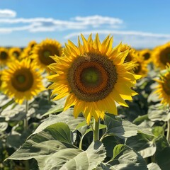 Vibrant Sunflower Field in Full Bloom: A Close-Up View of Yellow Petals Against a Bright Blue Summer Sky