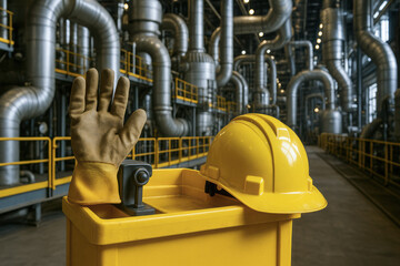 Fototapeta premium Yellow safety helmet and glove rest on container inside industrial power plant with metal pipes and walkways creating complex environment