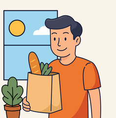 Cartoon illustration of a young man holding a grocery paper bag with vegetables and bread. He is standing indoors near a window with a sunny view. Perfect for concepts of shopping, healthy lifestyle, 