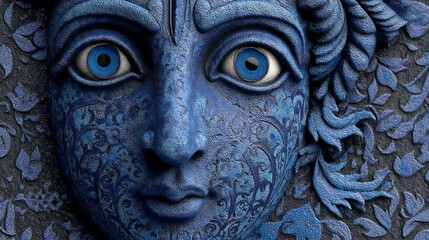 stylized 3d rendering of a blue-skinned hindu god bust with exaggerated features and bold colors, reminiscent of traditional indian temple art