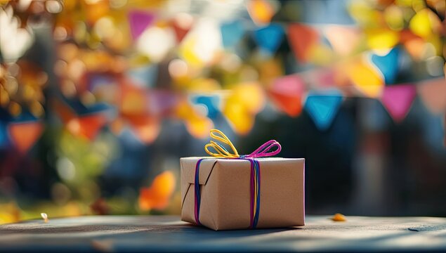 Gift box outdoors, festive backdrop
