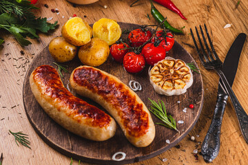 Grilled sausages on a board with potatoes and sun-dried tomatoes
