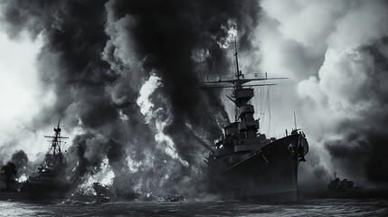 Fototapeta premium Dramatic Black and White Image of Burning Ships at Sea Powerful Wartime Navy Vessels Destroyed in Epic Naval Battle Smoke and Fire Engulfing 