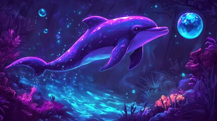 Mystical dolphin in a vibrant underwater realm