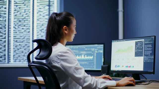A contemporary digital workspace features a dedicated professional deeply immersed in analyzing data during the late evening hours