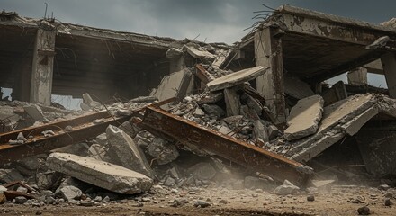 Fototapeta premium Decayed structure wreckage crumbling concrete overcast sky