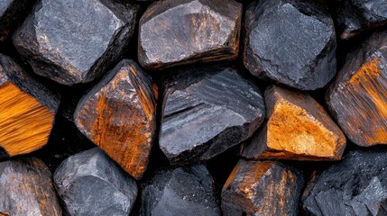 A close-up view of a textured arrangement of dark minerals with distinct orange and black hues, showcasing natural rock formations.