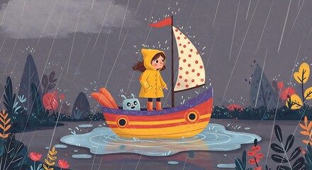 Naklejka premium Rainy Day Adventure A Charming Childrens Illustration