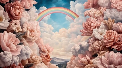 Dreamlike Pastel Peonies Bloom Amongst Clouds and Rainbow A Serene Floral Landscape Painting