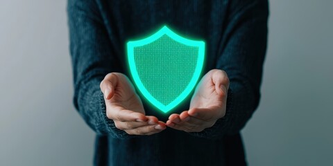 A person holds a glowing digital shield symbolizing protection and security, with a neutral background.