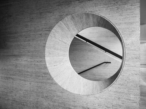 Architecture details Round frame Grey wall tiles Interior space Modern building Industry background