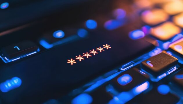A close-up view of a keyboard with illuminated keys, featuring asterisks representing a password entry.