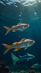 Fototapeta premium Fish stand in the thick of the tropical sea, the ocean floor is covered with coral. Sunlight shines through the water column.