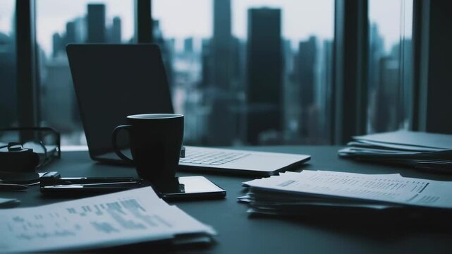 An urban workspace showcasing a stunning high-rise city view at dusk, complete with a laptop, a steaming cup of coffee, and scattered documents