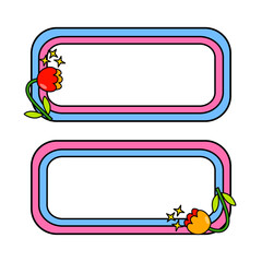 Cute name tag with retro flowers for label planner sticker. Rounded rectangle retro frame. Retro rainbow name tag frame. Pop retro groovy frame with retro flowers.