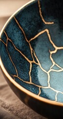 Deep teal bowl with gold crackle design