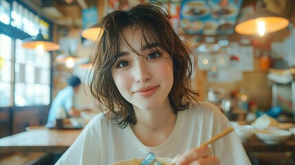 A young woman with brown hair and freckles is captured in a close-up shot, eating with a spoon while wearing a white t-shirt and necklace in a warm, intimate restaurant setting.