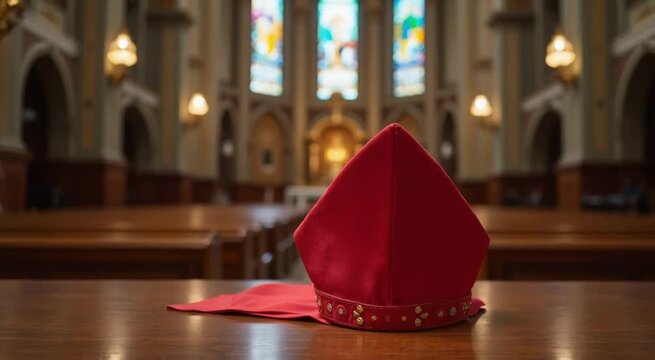 Red bishop mitre and vestment placed on a wooden table inside a grand church, symbolizing preparation before the papal conclave. 