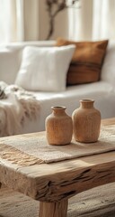 Rustic coffee table vignette with ceramic vases