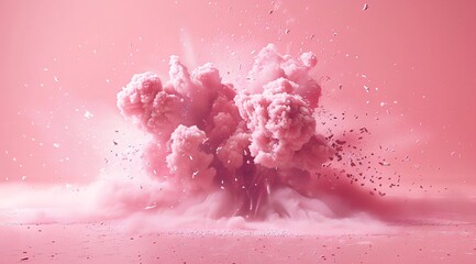 A pink explosion of smoke and particles fills a studio against a solid pink background, creating a surreal scene.