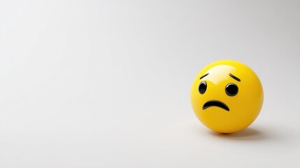 Fototapeta premium Sad yellow smiley face ball on a white surface with soft shadows.